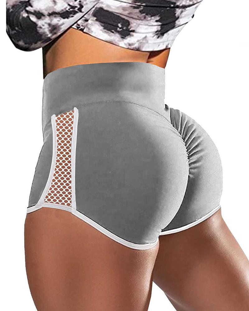 

High Waist Hollow Out Colorblock Butt Lifting Shorts, Gray