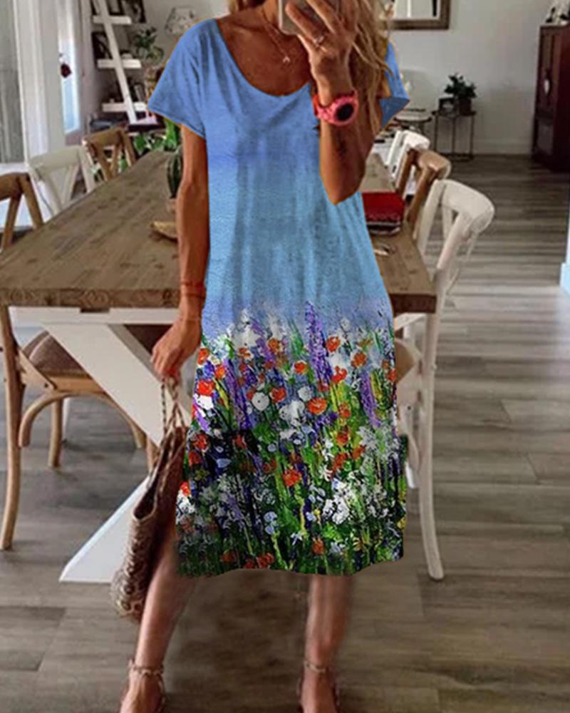 

Painting Flower Print Short Sleeve Loose Long Dress, Blue