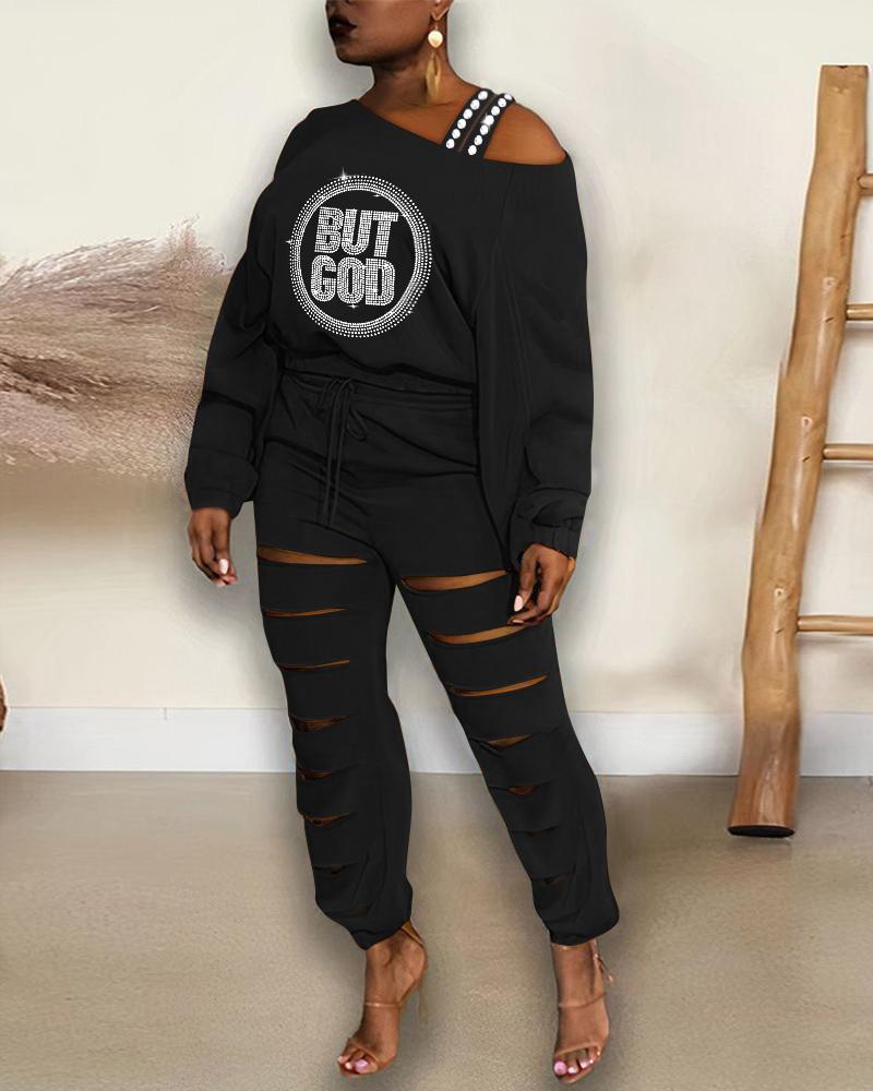 

Rhinestone Letter Pattern Cold Shoulder Top & Cutout Pants Set, Black