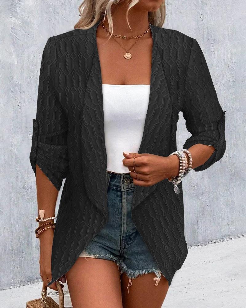 

Roll Up Sleeve Open Front Cable Textured Coat, Black