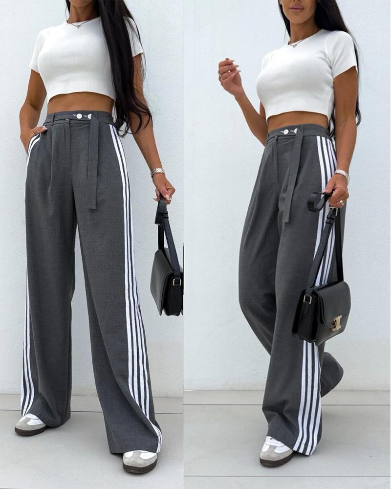 

Striped Buttoned Pocket Design Casual Straight Leg Pants, Dark grey