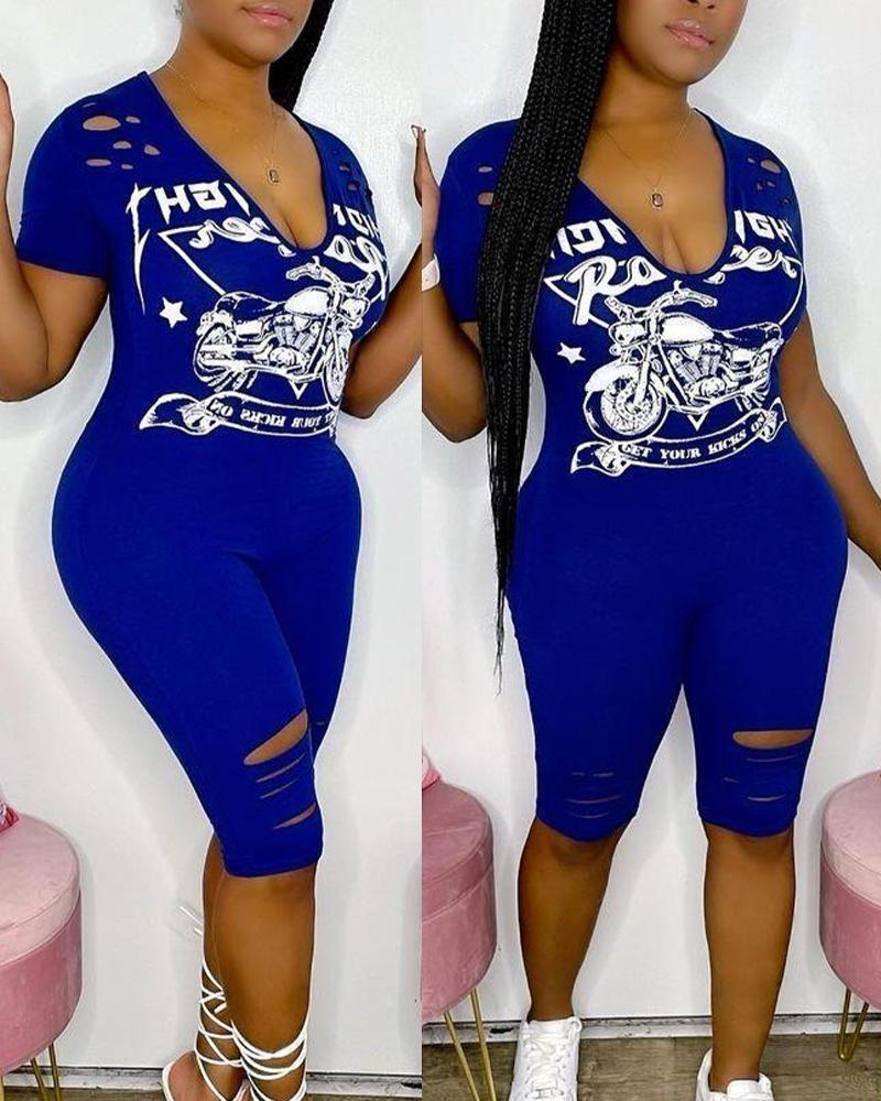 

Letter Graphic Print Cutout Jumpsuit, Blue