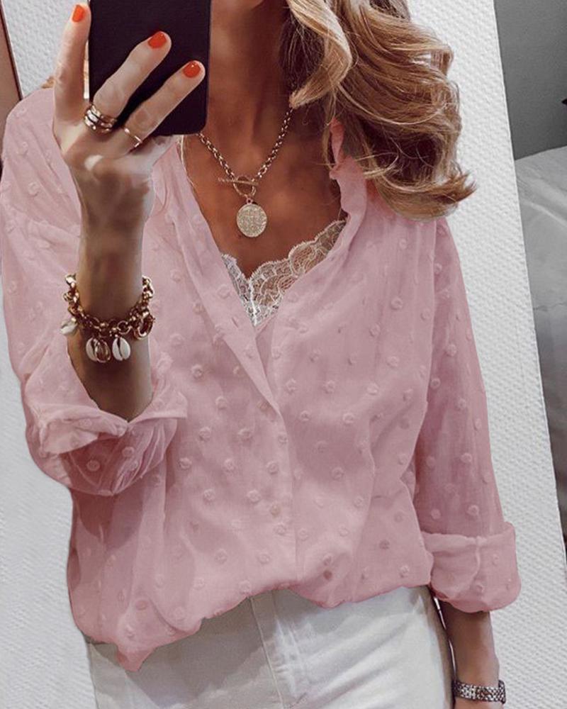 

Solid Color Polka Dot Long Sleeve Shirt, Pink