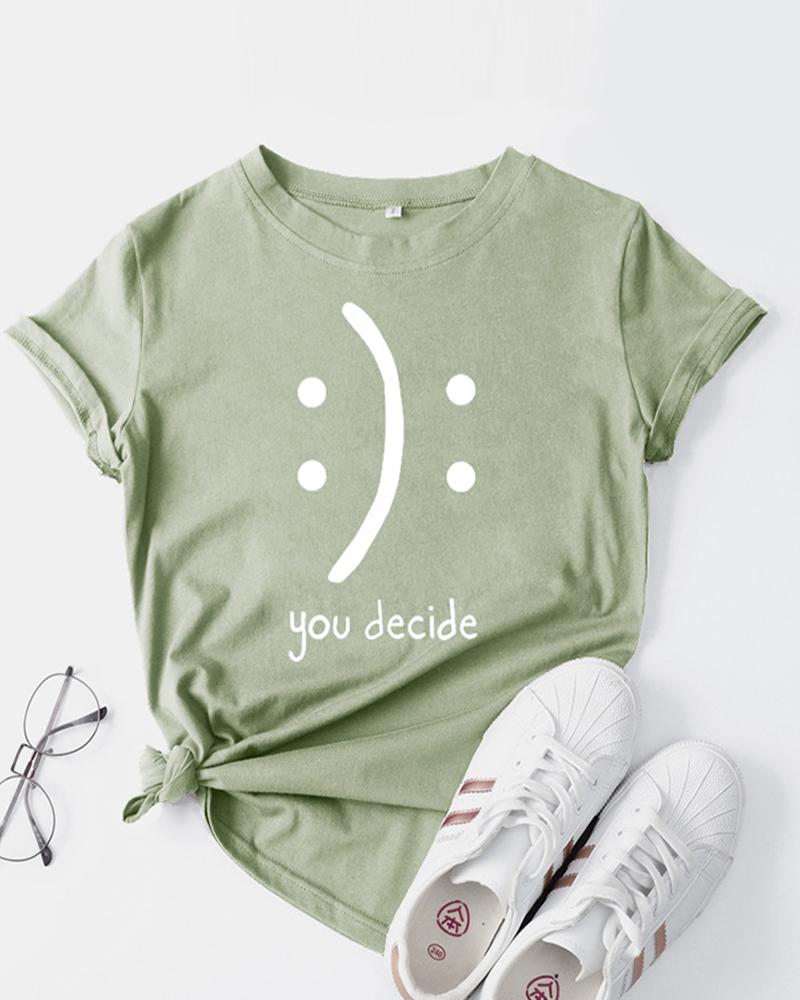 

Letter Smile Face Print Round Neck Short Sleeve T-Shirt, Green