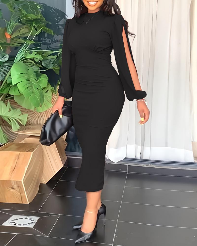 

Plain Puff Split Sleeve Work Dress, Black