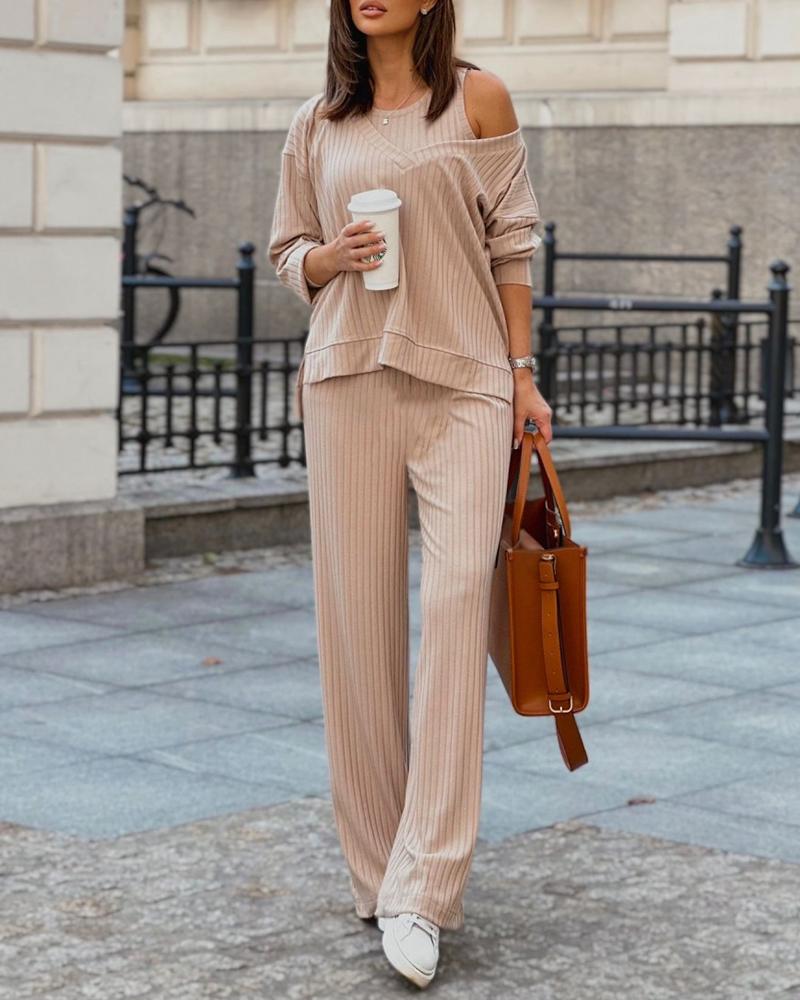 

Ribbed Tank & Wide Leg Pants Set With V-Neck Top, Apricot