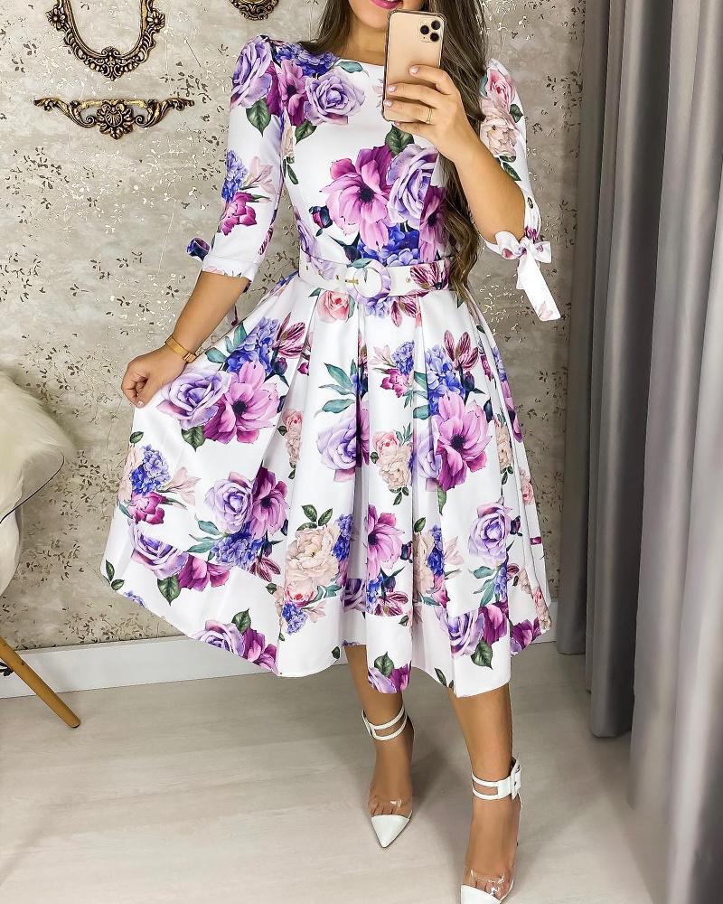 

Tied Detail Puff Sleeve Belted Floral Print Dress, Purple