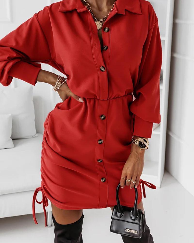 

Drawstring Ruched Drop Shoulder Button Front Shirt Dress, Red