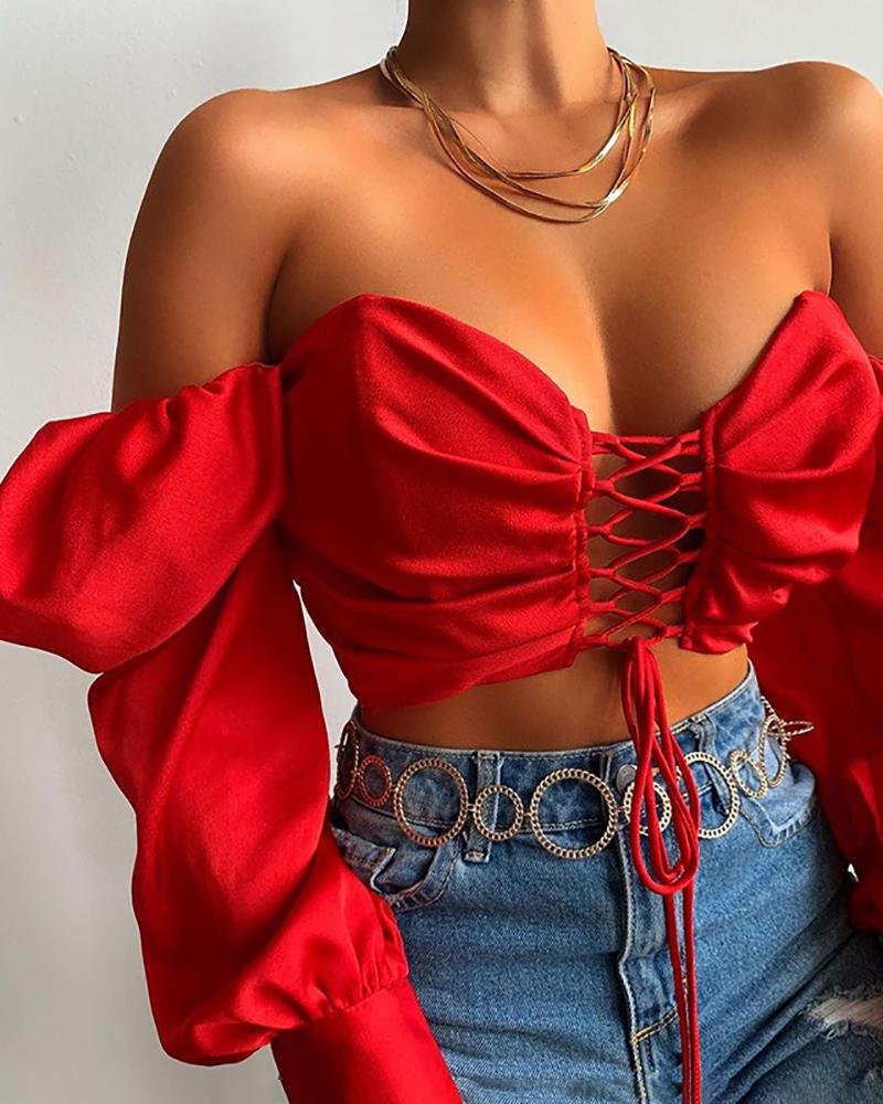 

Christmas Lantern Puff Sleeve Lace Up Ruched Top, Red