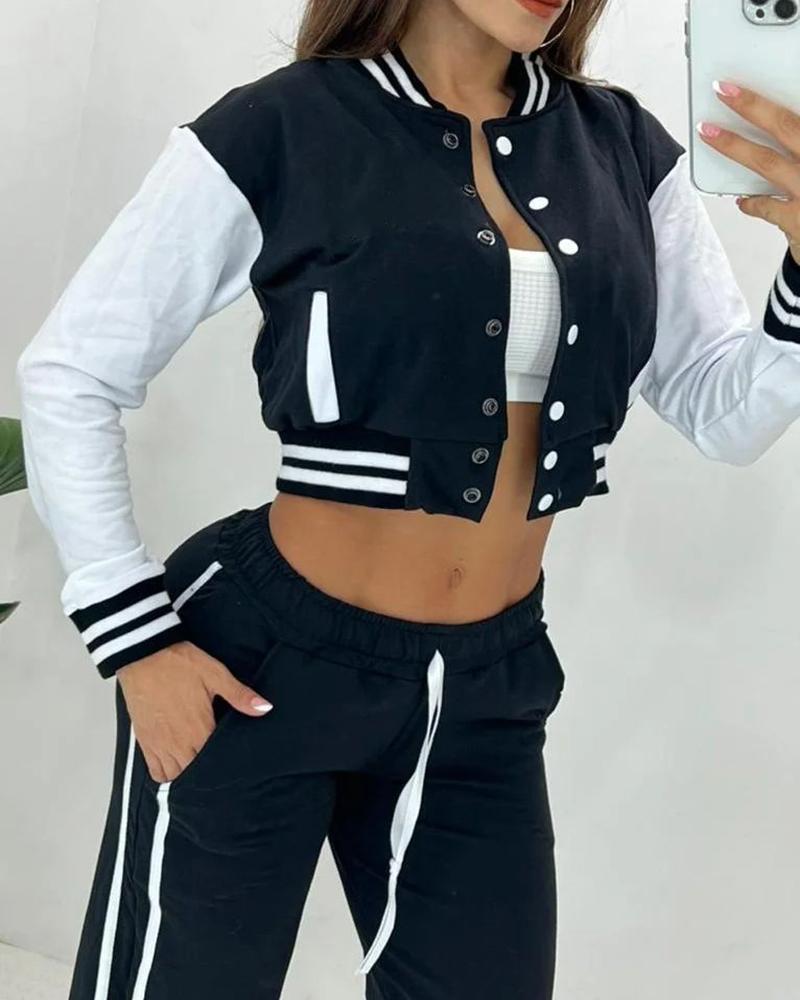 

Striped Colorblock Baseball Jacket & Pants Set, Black