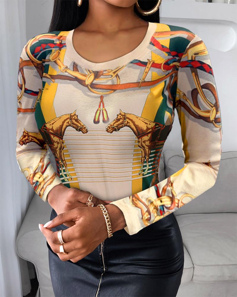 

Vintage Style All Over Print Long Sleeve Blouse, Multicolor