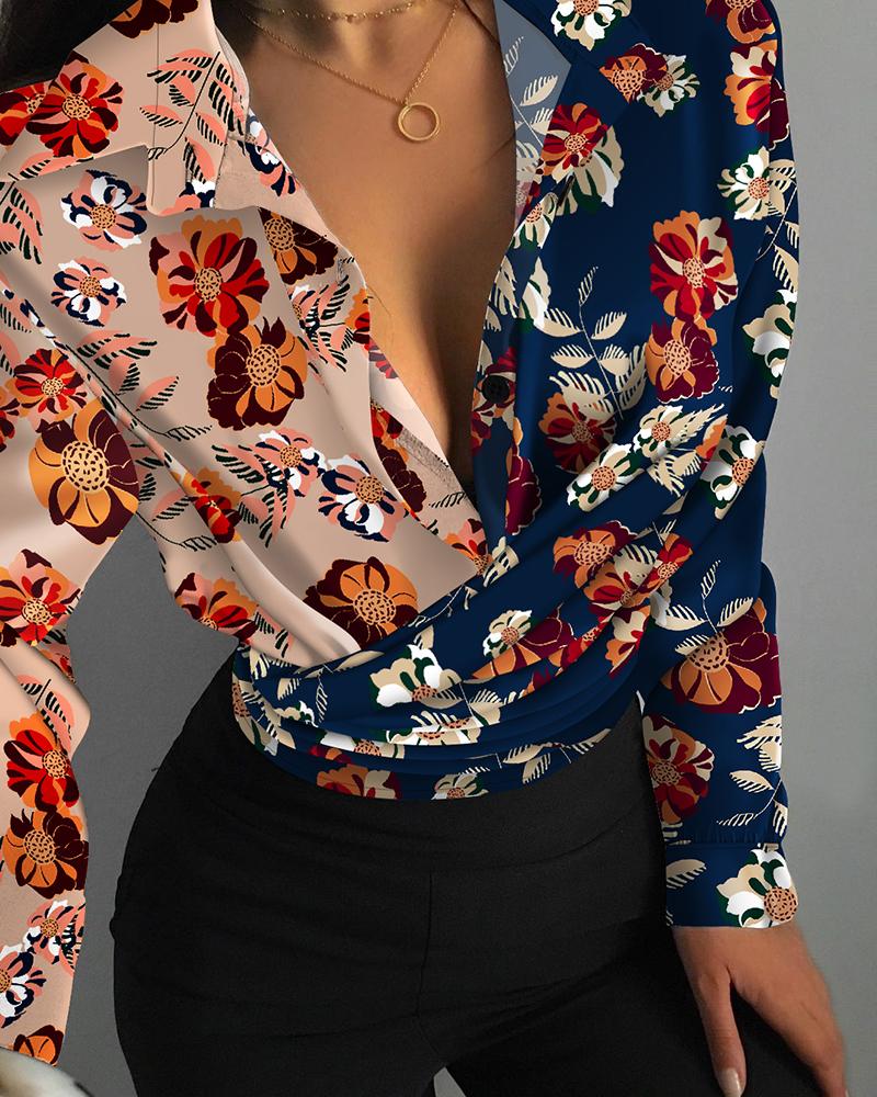 

Leaf Floral Print Wrap Long Sleeve Casual Shirt, Multicolor