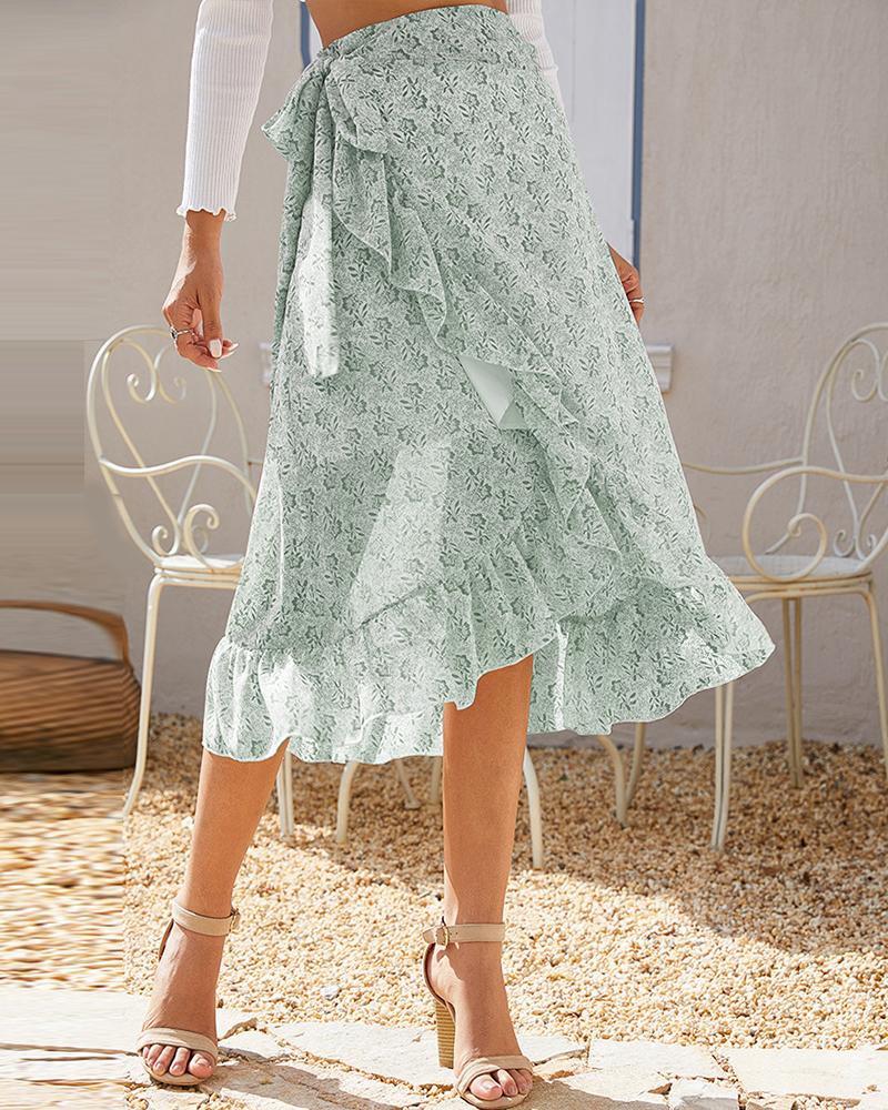 

Floral Print Slit Tied Detail Ruffles Midi Skirt, Green
