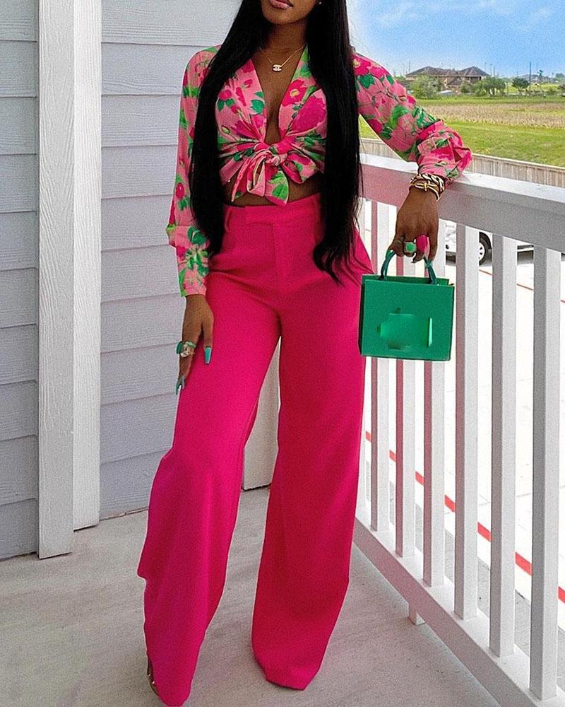 

Floral Print Knotted Crop Top & Plain Pants Set, Hot pink