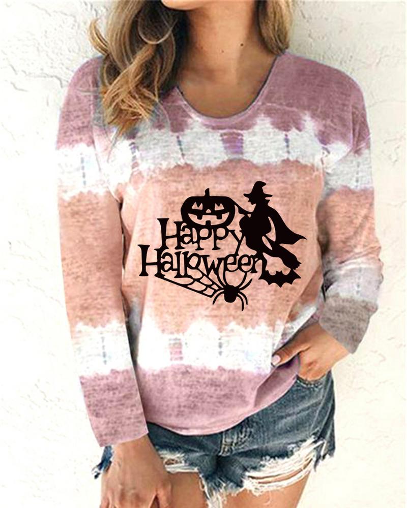 

Halloween Graphic Letter Print Long Sleeve Top, Pink