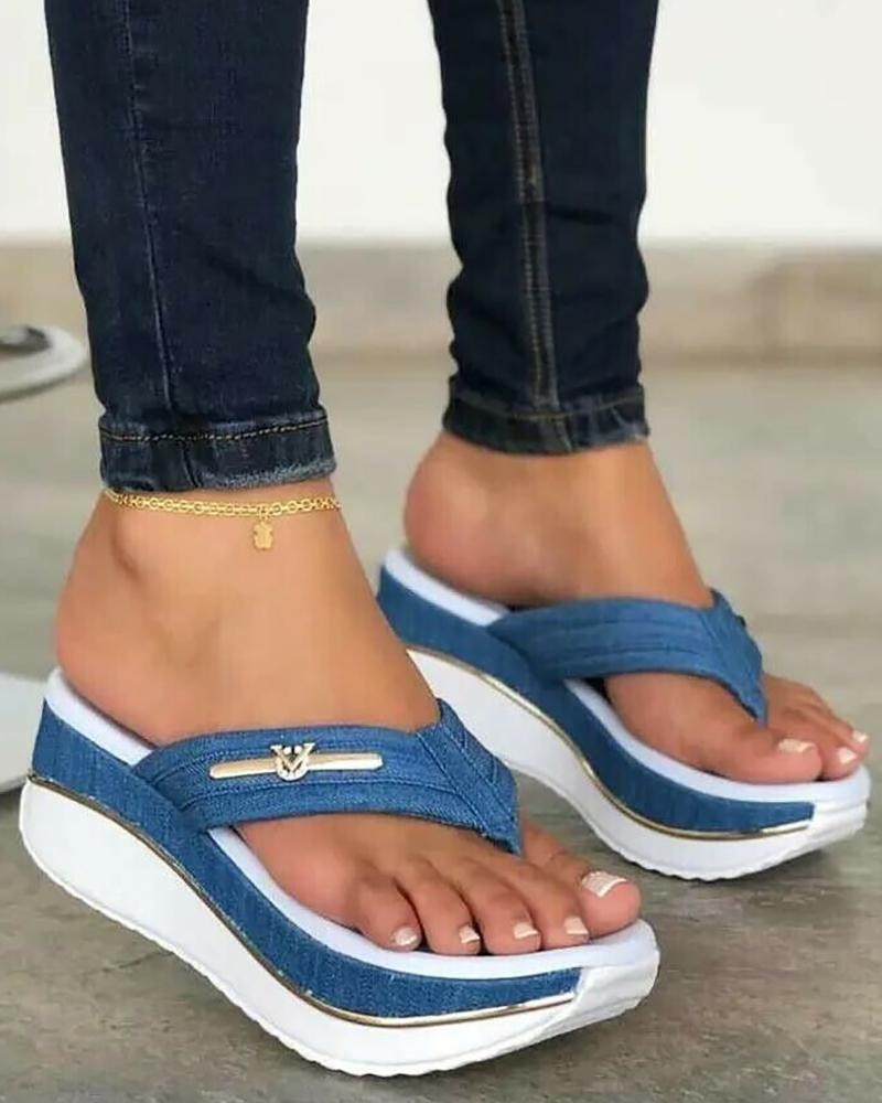 

Contrast Paneled Toe Post Wedge Flip Flops, Blue