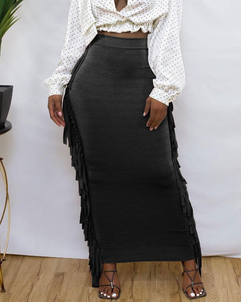 

High Waist Tassel Design Skinny Maxi Skirt, Black