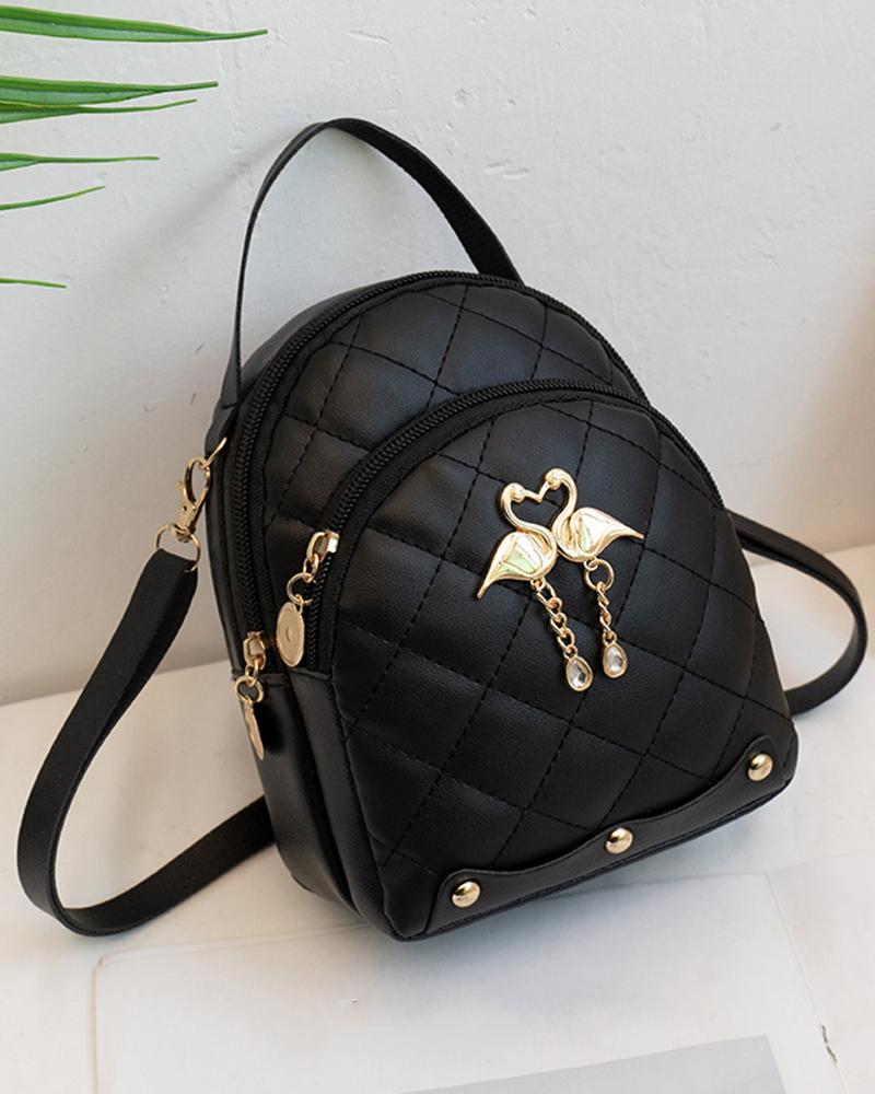 

Flamingo Pattern Quilted Zipper Design Backpack Trendy School Bag, Black