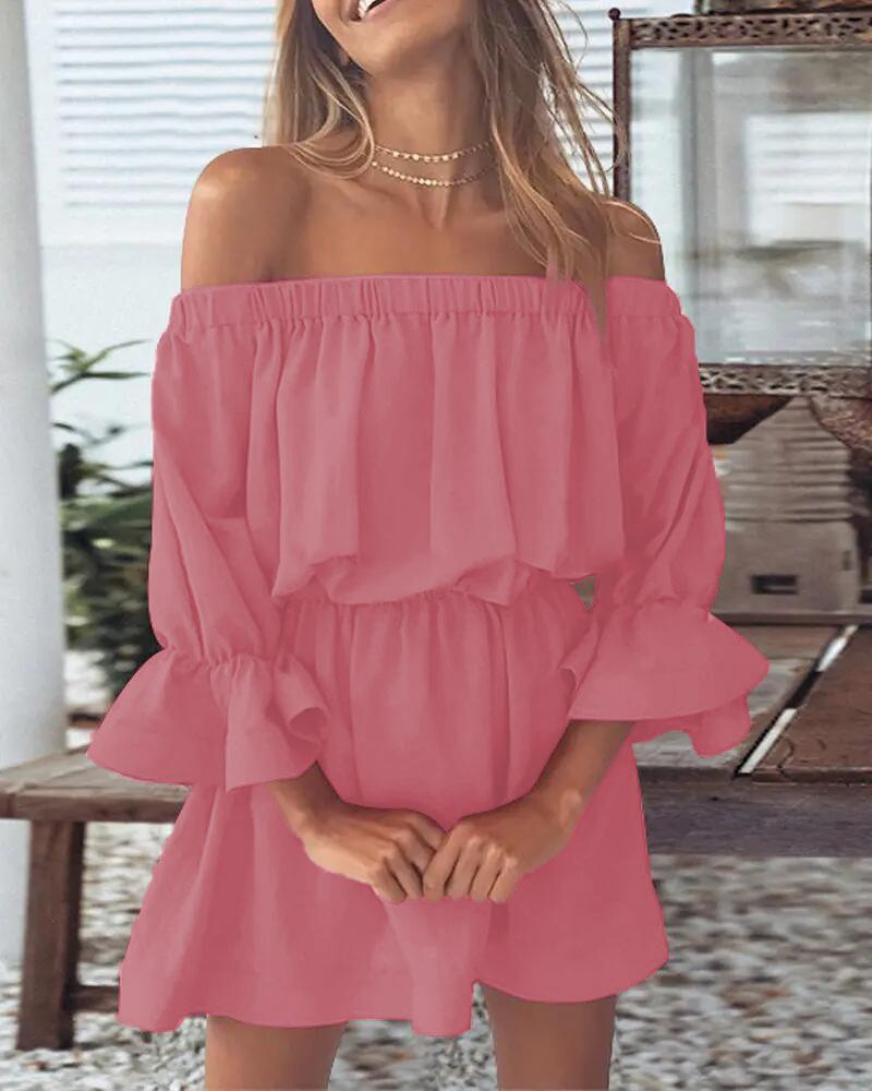 

Off Shoulder Bell Sleeve Casual Dress, Pink
