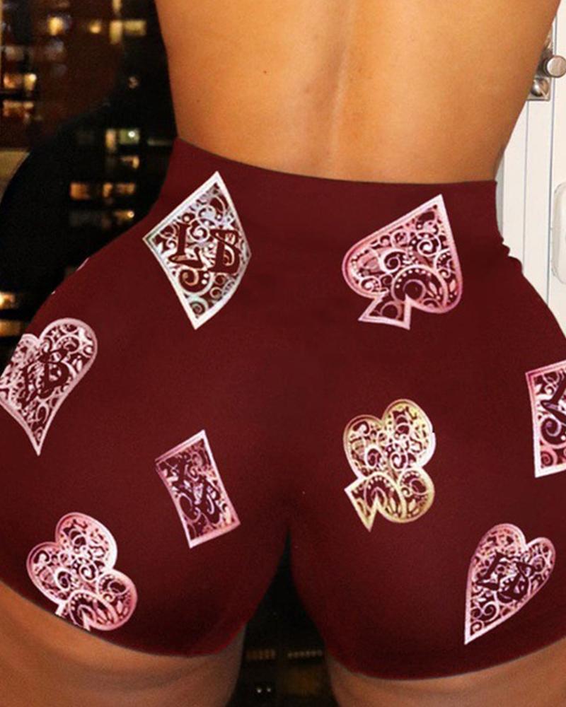 

Poker Print Skinny Short Yoga Pants, Red