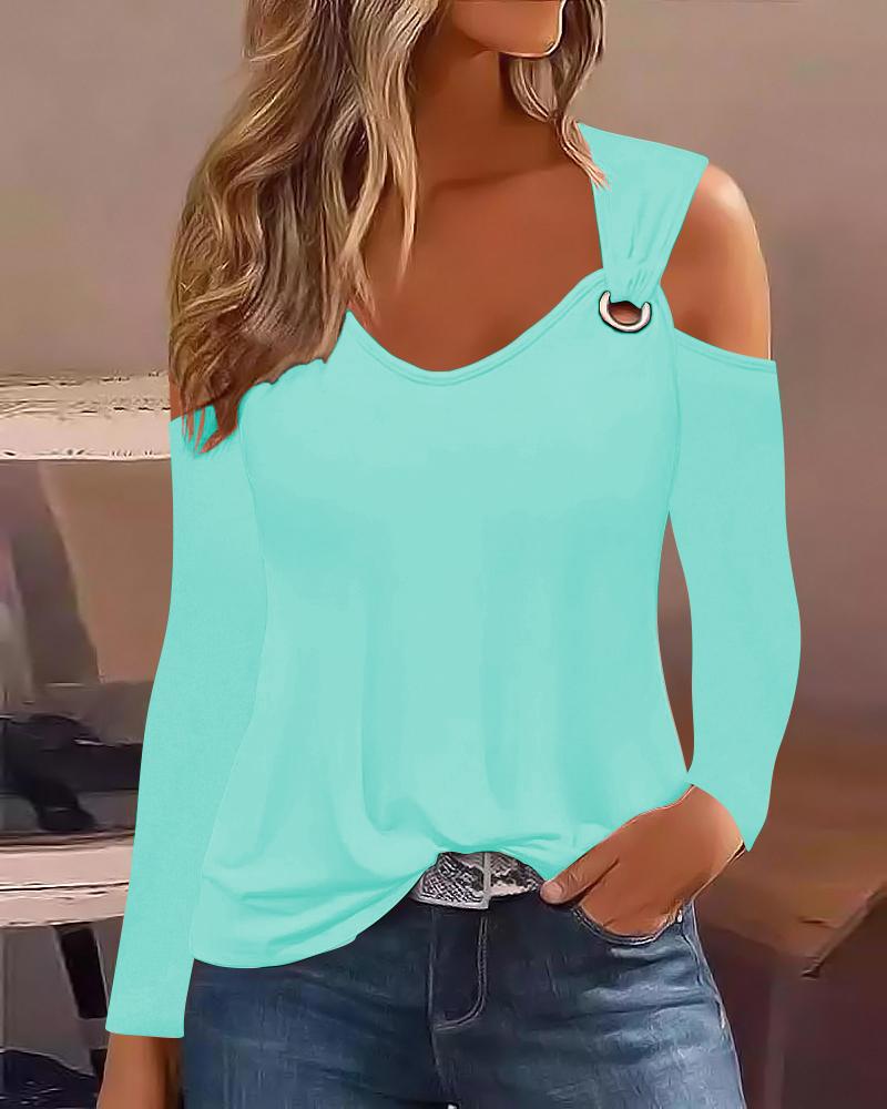 

Cold Shoulder Eyelet Casual Top, Turquoise blue