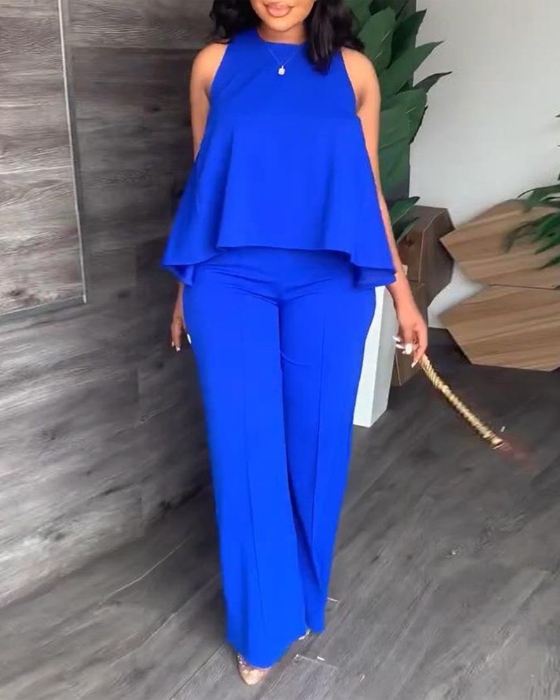 

Sleeveless Ruffle Hem Top & Straight Leg Pants Set, Blue