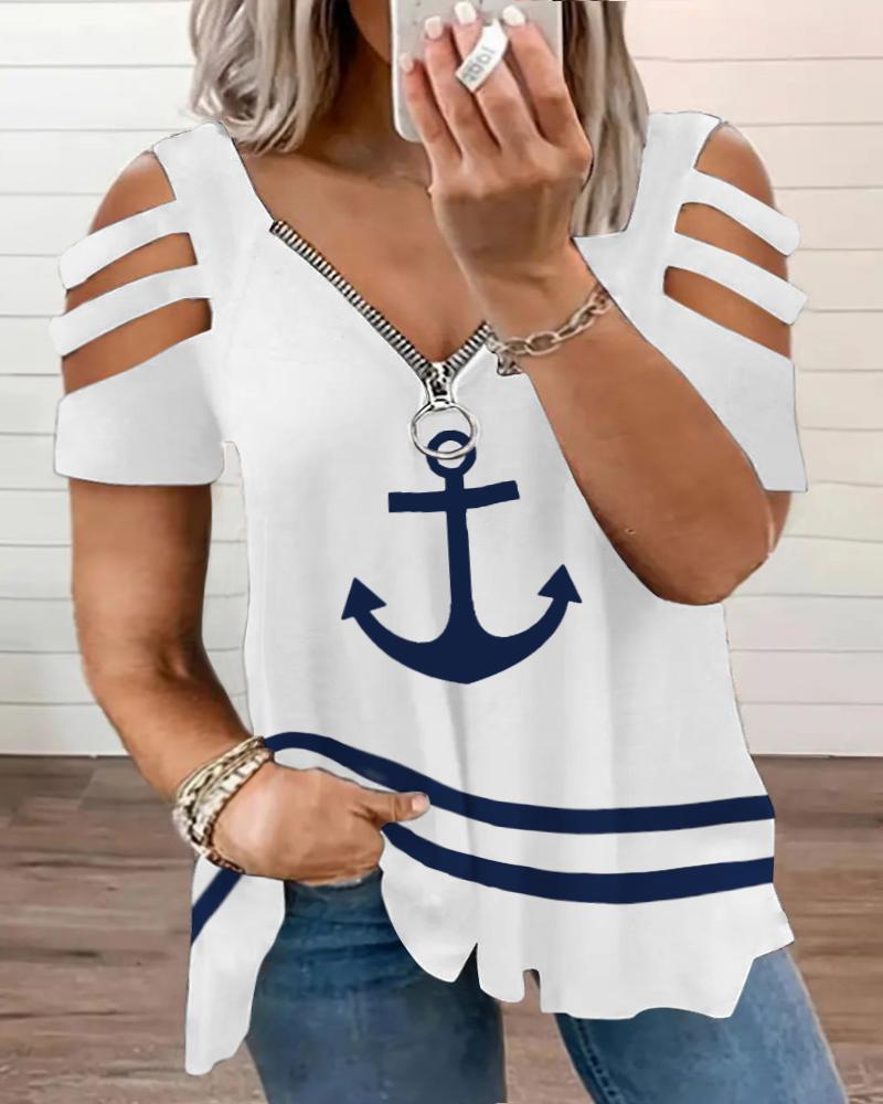 

Plus Size Anchor Print Striped Colorblock Cutout Zipper Design T-Shirt, White