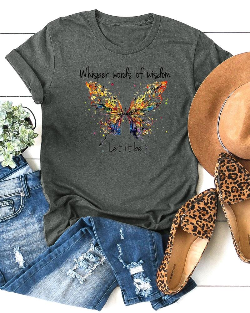 

Butterfly Letter Print Casual T-shirt, Dark grey