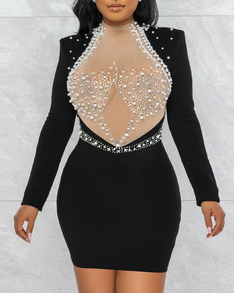 

Rhinestone Beaded Decor Contrast Mesh Backless Party Dress, Black