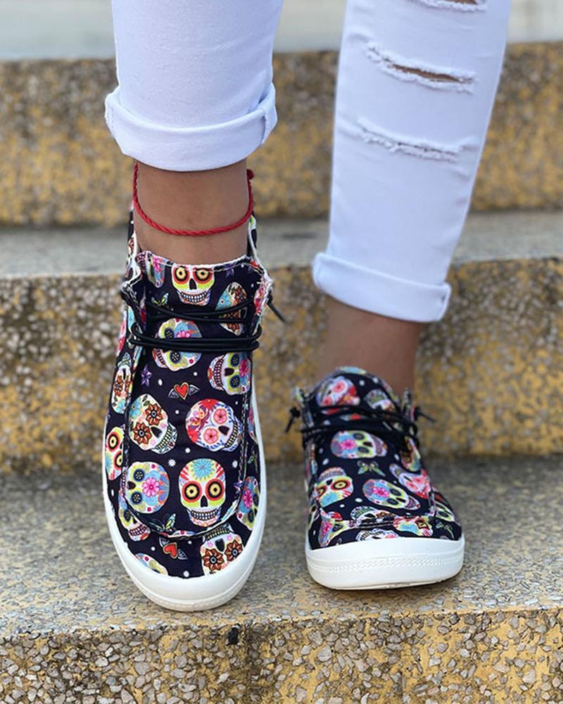 

Halloween Pumpkin Print Lace-up Slip On Canvas Shoes, Black