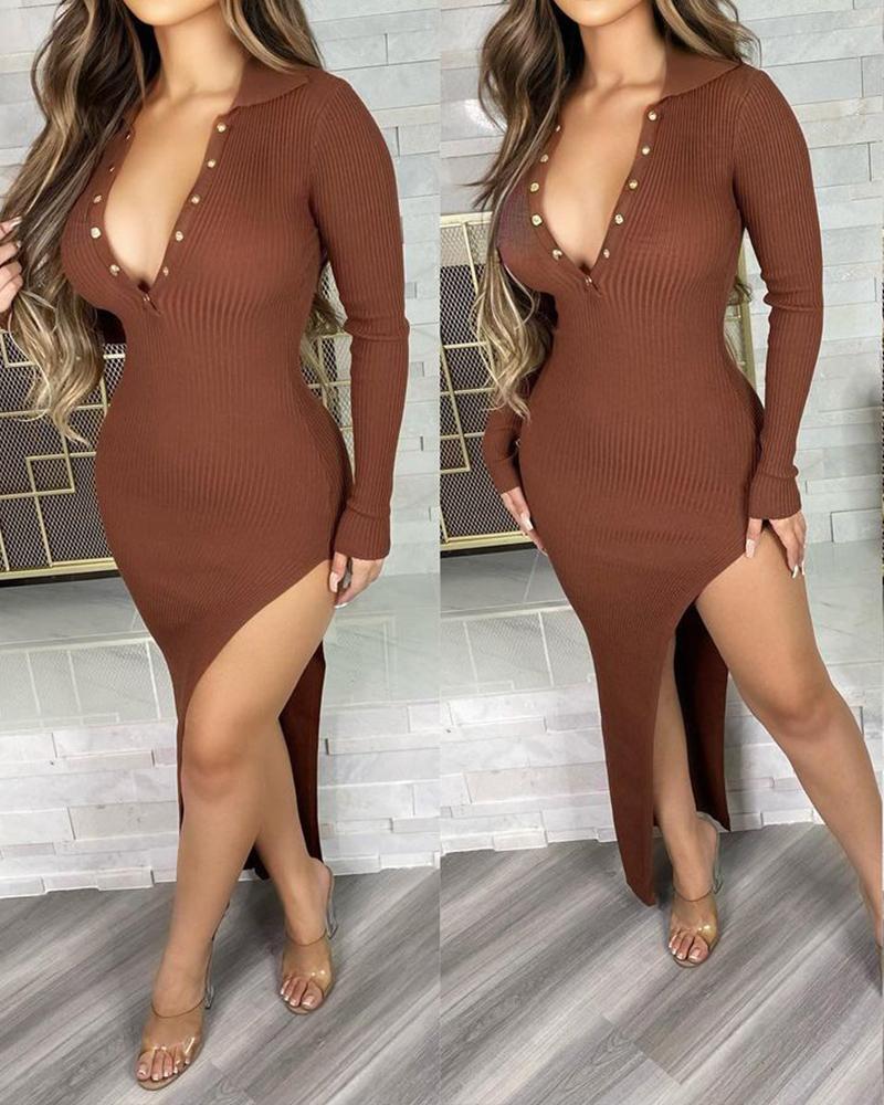 

Knit Button Front Backless High Slit Dress, Brown