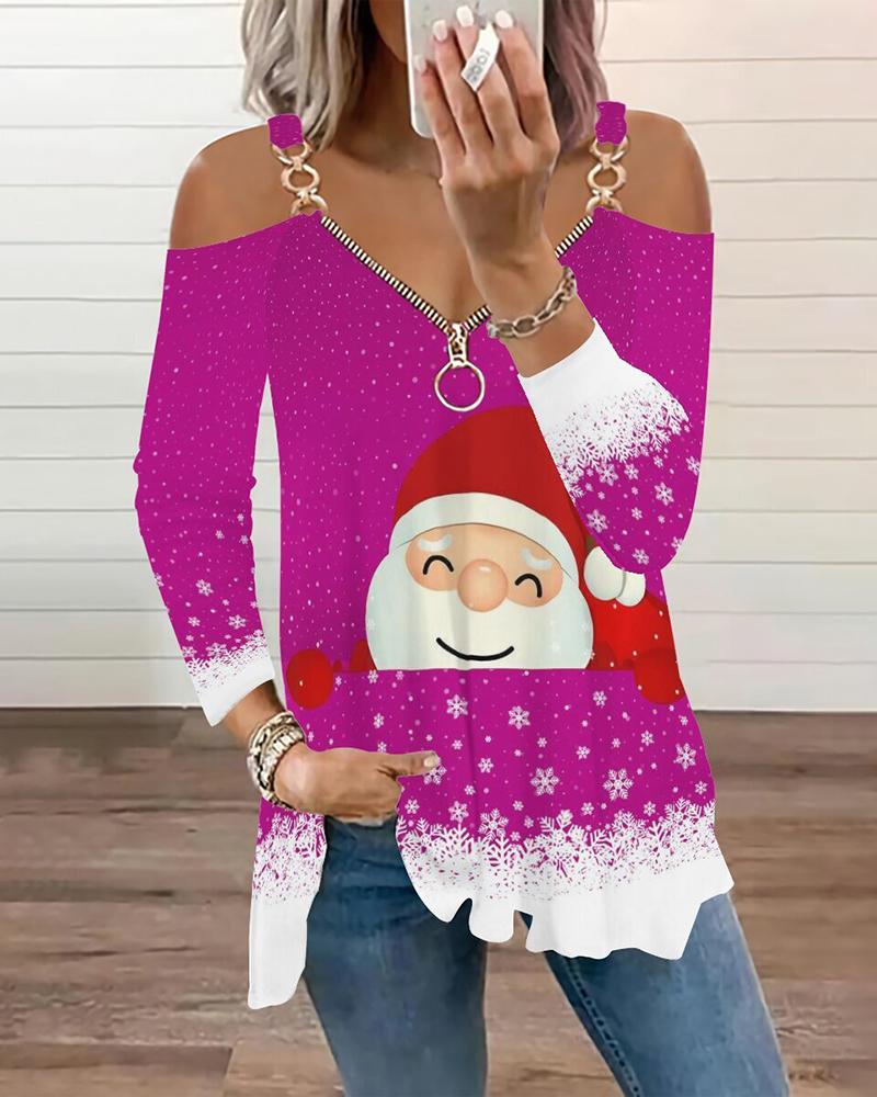 

Christmas Santa Snowflake Print Zipper Design Top, Hot pink