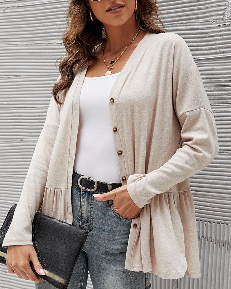 

Button Design Long Sleeve Casual Coat, Apricot