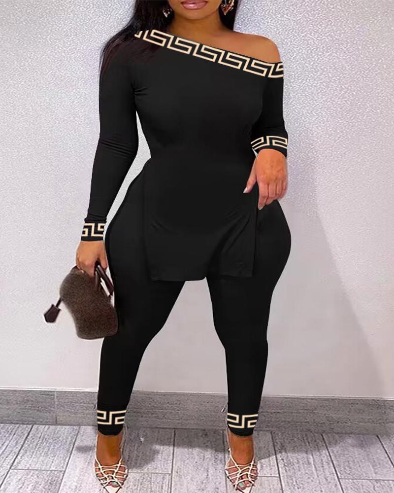 

Plus Size Geo Trim Split Hem Long Sleeve Top & Pants Set, Black