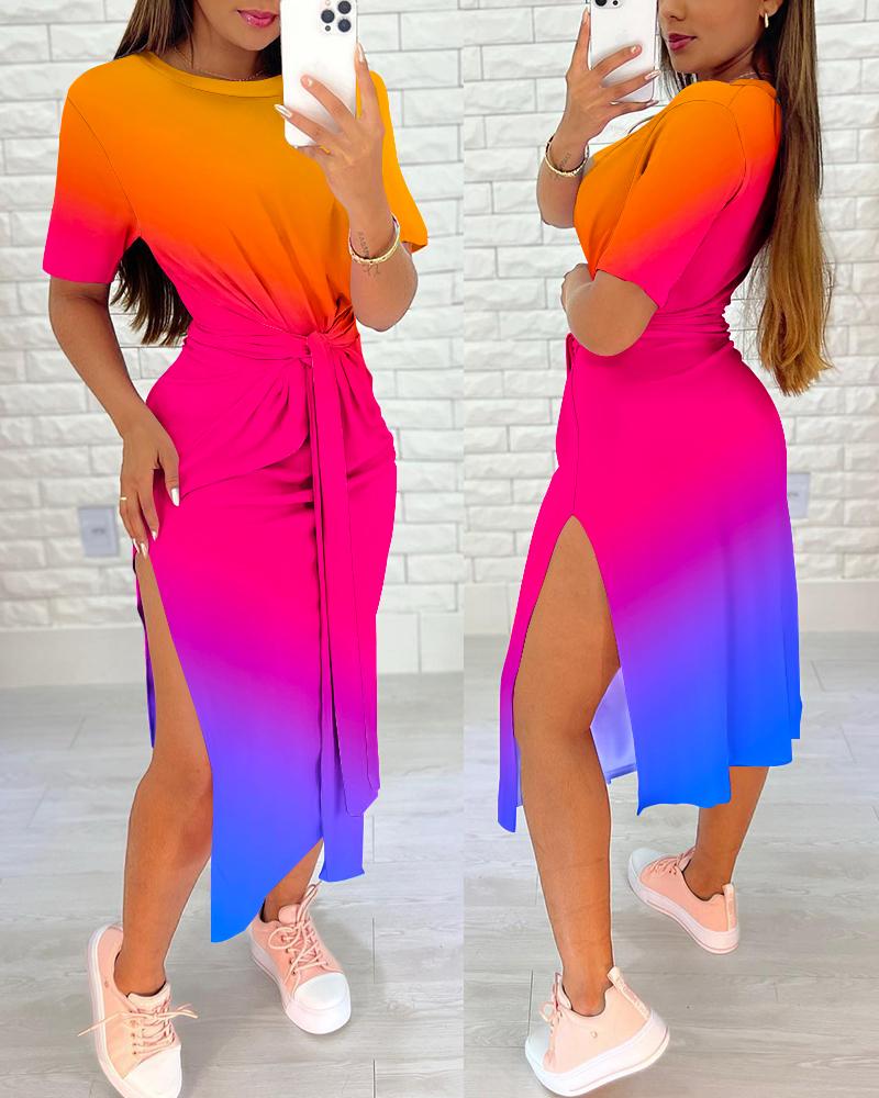 

Rainbow Ombre Tied Detail Slit Casual Dress, Multicolor