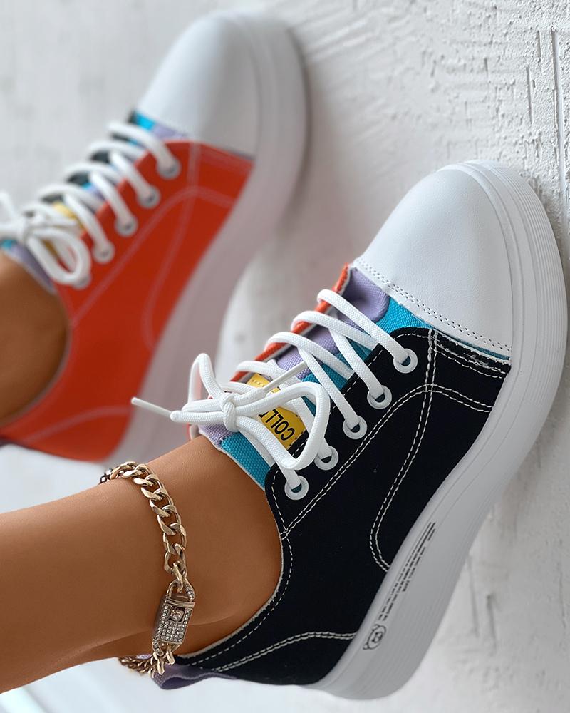 

Colorblock Eyelet Lace-up Canvas Sneakers, Orange&black