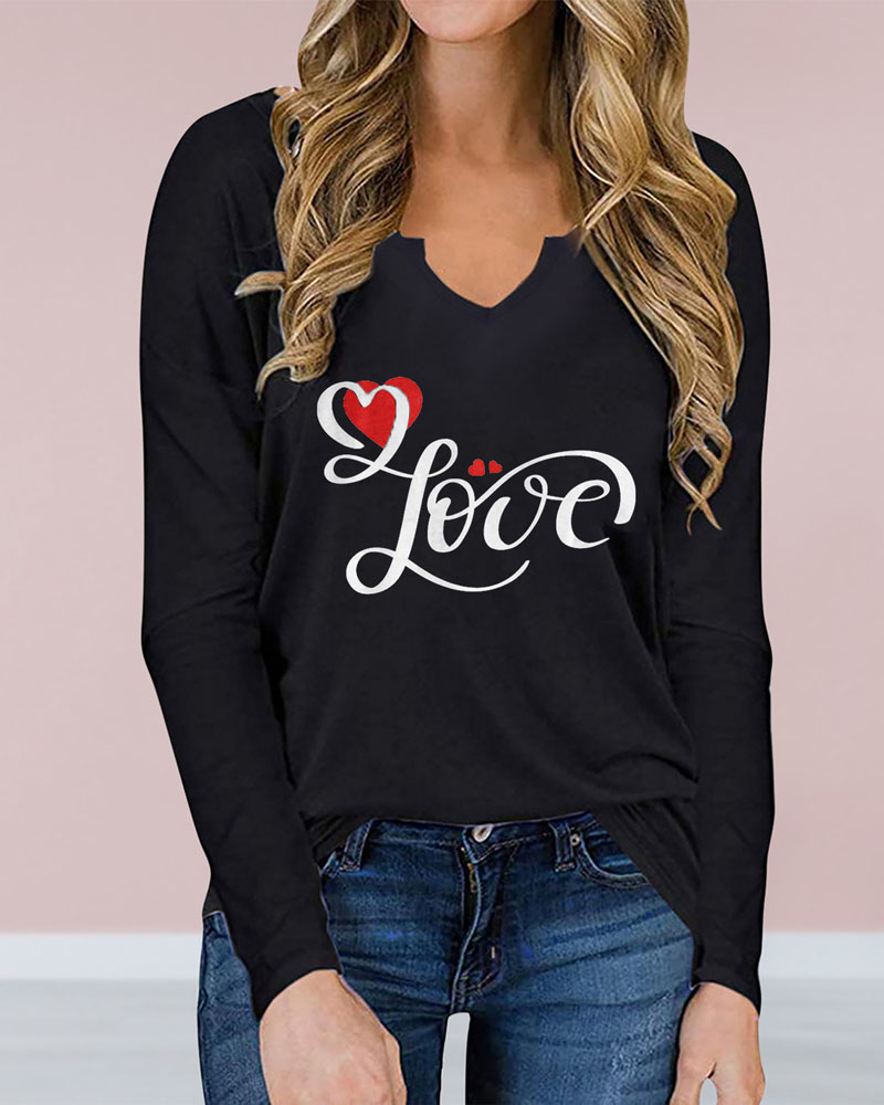 

Valentine' Day Heart Letter Print Long Sleeve Casual Top, Black