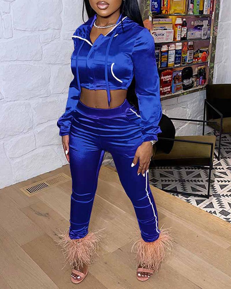 

Velvet Contrast Binding Zip Up Drawstring Crop Hoodie & Pants Set, Blue