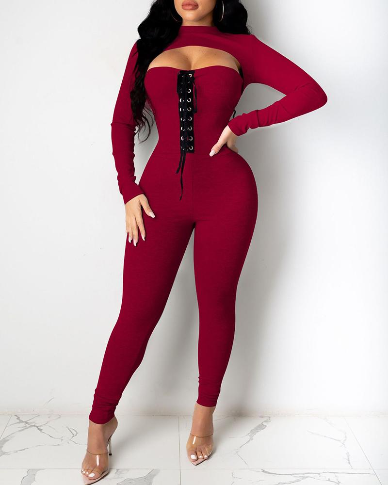 

Long Sleeve Top & Eyelet Lace-up Jumpsuit Set, Wine red