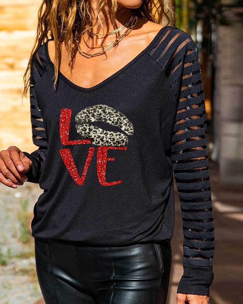 

Lip Letter Cheetah Print V-Neck Top, Black