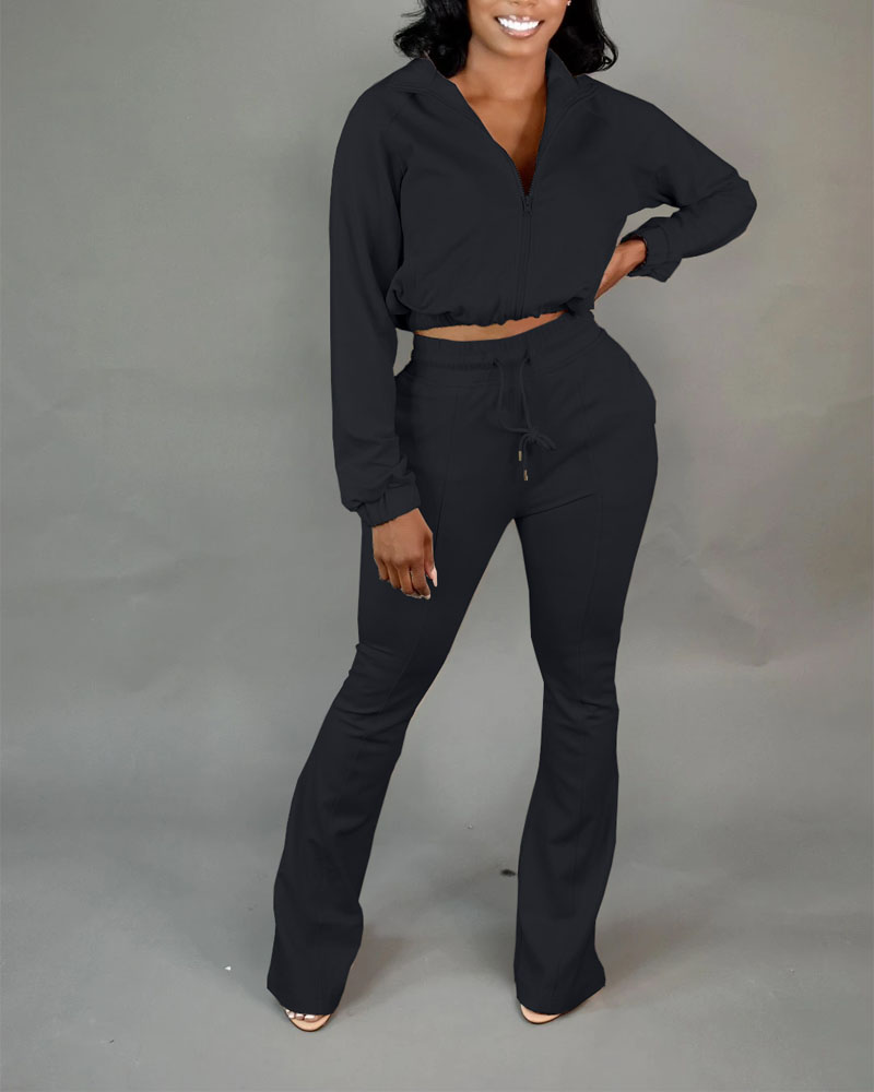 

Long Sleeve Zip Up Crop Top & Bootcut Pants Set, Black