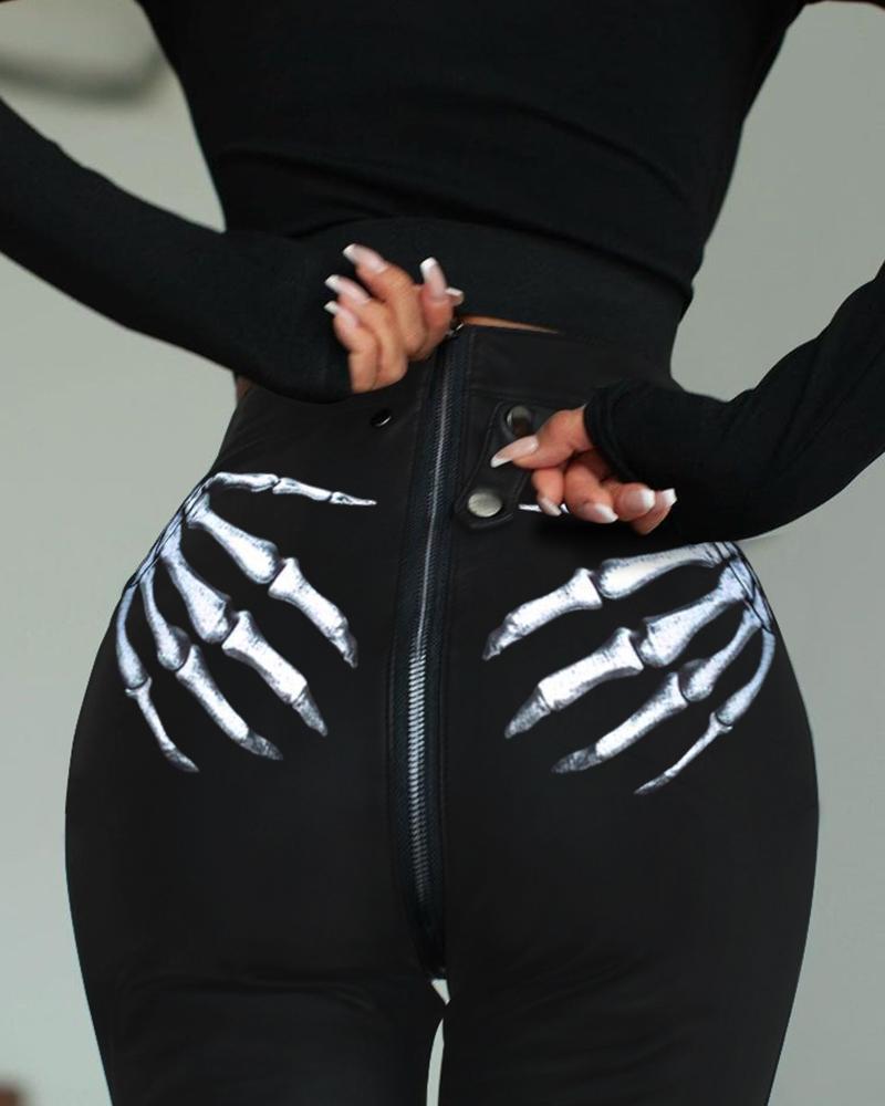 

Halloween Graphic Print Zip Detail High Waist Pants, Black