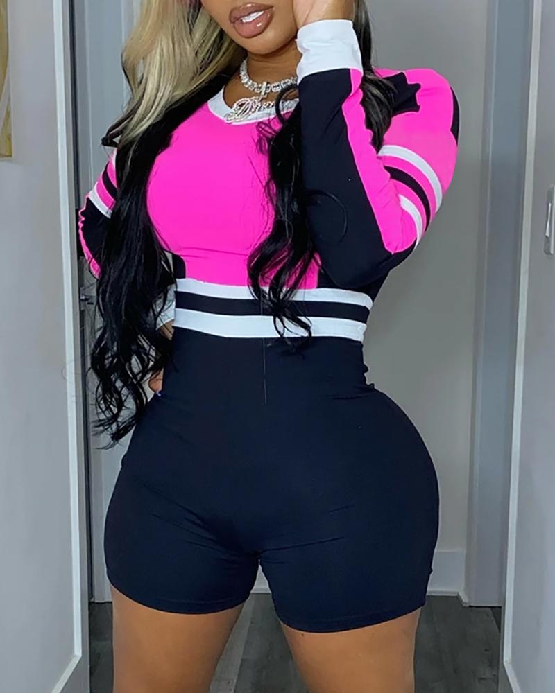 

Colorblock Long Sleeve Zipper Design Back Romper, Hot pink