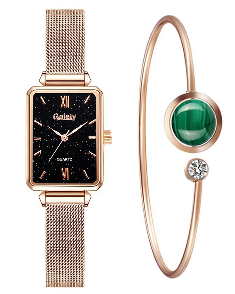

Stainless Steel Mesh Strap Pointer Quare Quartz Watch & Bracelet Set, Black