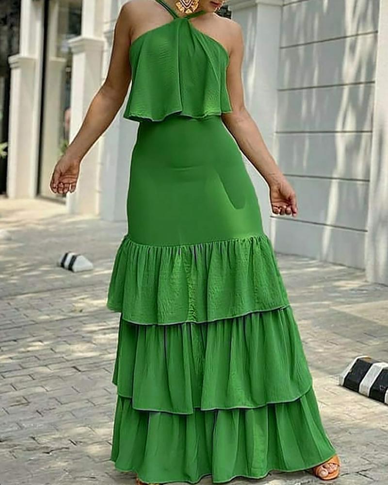 

Halter Layered Ruffles Sleeveless Maxi Dress, Green