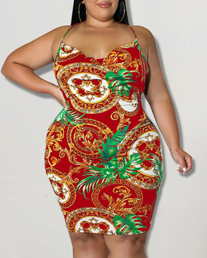 

Plus Size Baroque Print Crisscross Backless Bodycon Dress, Red