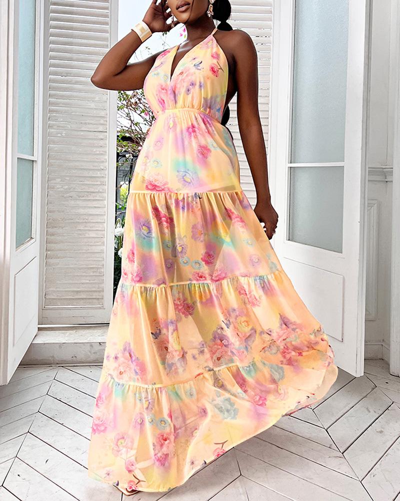 

Floral Print Halter Backless Chiffon Maxi Dress, Multicolor
