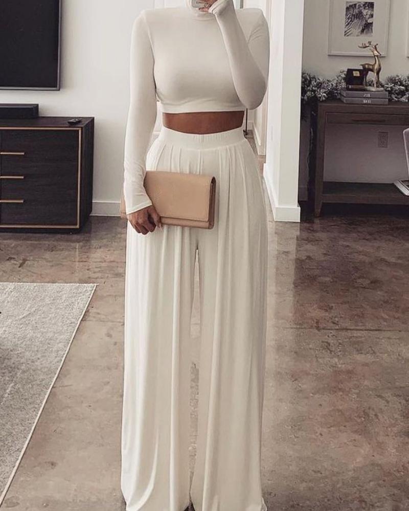 

Long Sleeve Crop Top & High Waist Wide Leg Pants Set, White