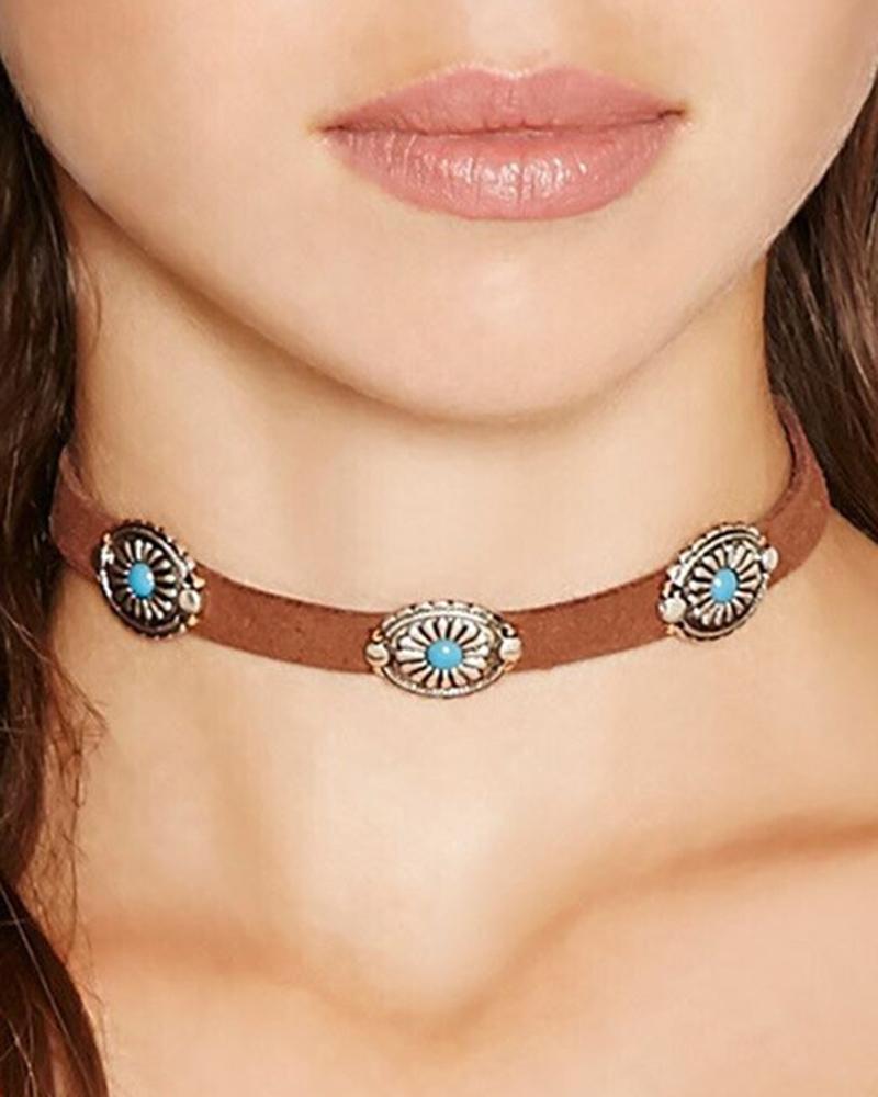 

1pc Bohemian Necklace Geometric Turquoise Decor Choker, Brown