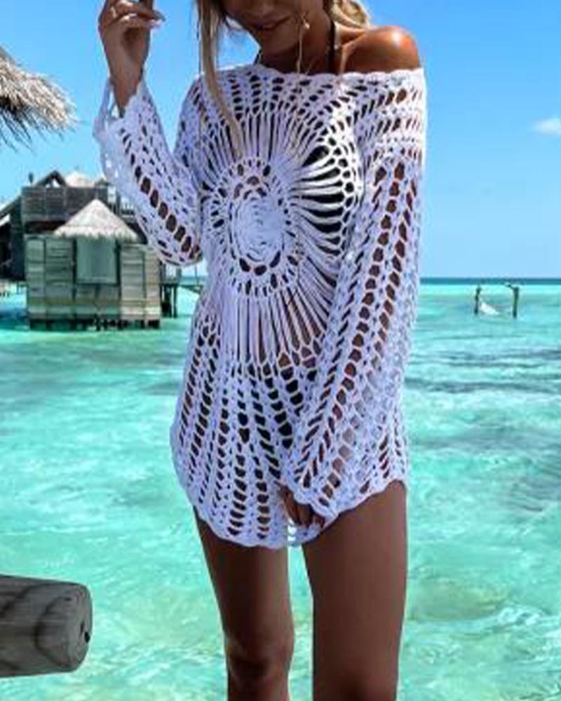 

Long Sleeve Hollow Out Crochet Cover Up, White